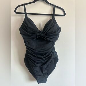 Like New La Blanca Tummy Control Ruched Black One Piece Size 12
